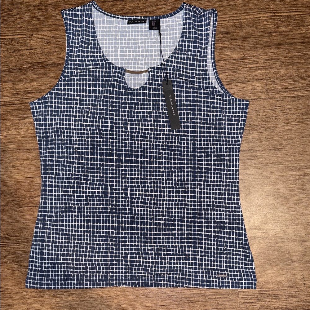 Tahari Navy and White Grid Scoop Neck Tank